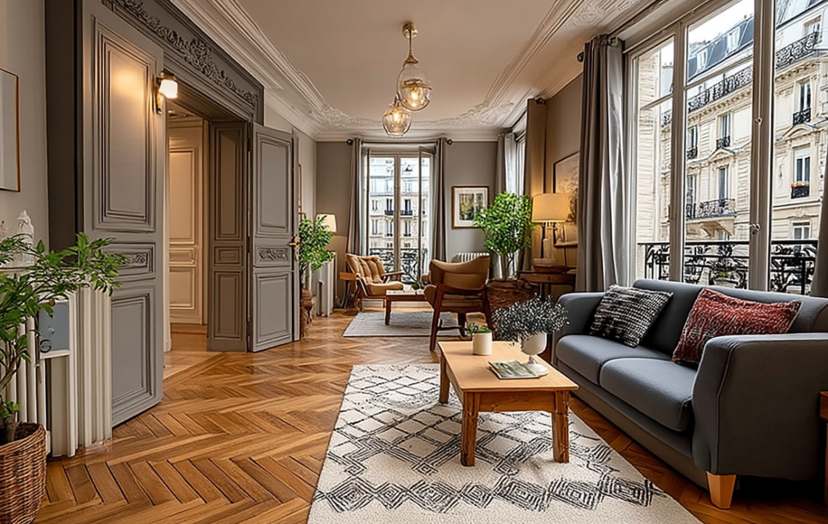 Bright Parisian living room featuring French herringbone wood flooring and a grey sofa
