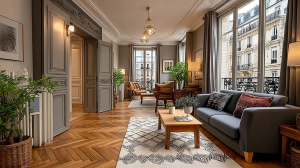 Bright Parisian living room featuring French herringbone wood flooring and a grey sofa