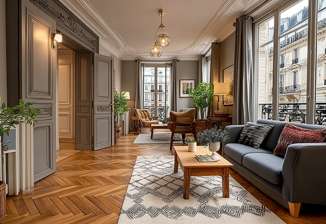 Bright Parisian living room featuring French herringbone wood flooring and a grey sofa