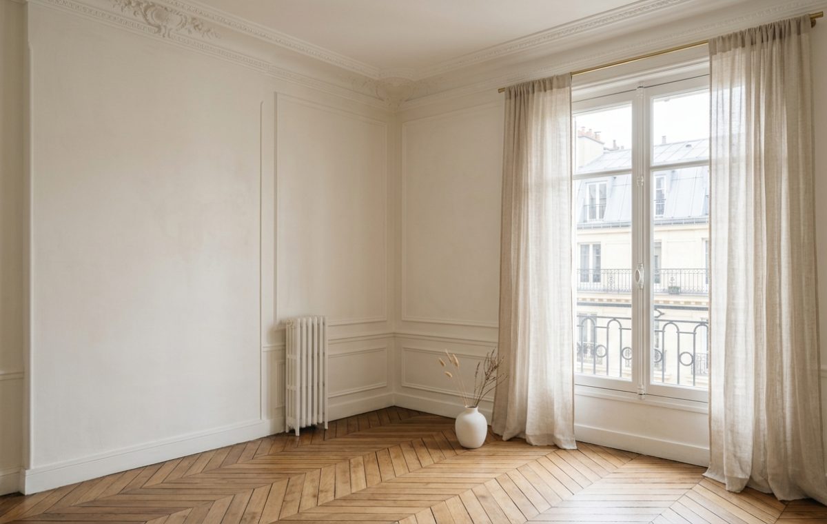 Bright empty room with French herringbone wood flooring, neutral moldings, and sheer linen curtains.