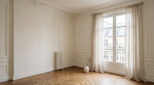 Bright empty room with French herringbone wood flooring, neutral moldings, and sheer linen curtains.