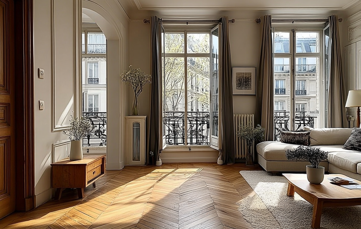 Bright living room featuring French herringbone wood flooring and tall windows overlooking a city street