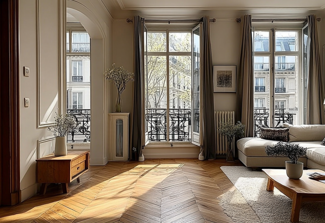 Bright living room featuring French herringbone wood flooring and tall windows overlooking a city street