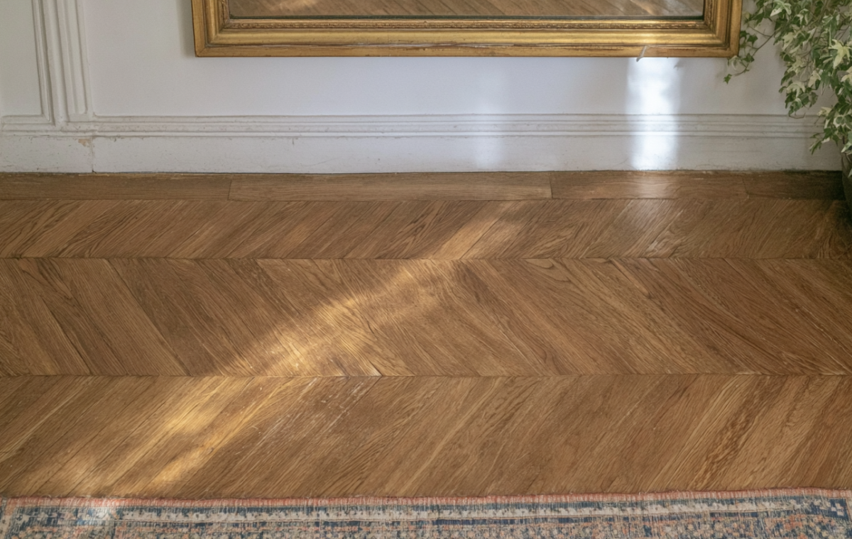 French herringbone wood flooring illuminated by natural sunlight next to a classic white wall and potted plant.