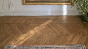 French herringbone wood flooring illuminated by natural sunlight next to a classic white wall and potted plant.