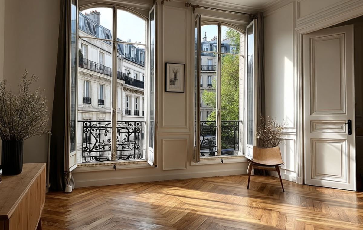 French herringbone wood floors in a sunlit historic living room with arched windows and Haussmann architectural details.