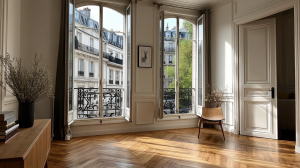 French herringbone wood floors in a sunlit historic living room with arched windows and Haussmann architectural details.