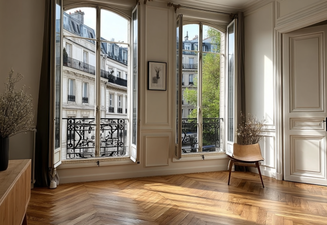 French herringbone wood floors in a sunlit historic living room with arched windows and Haussmann architectural details.