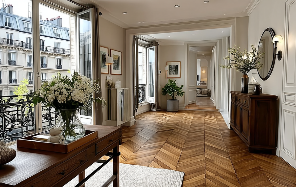 Bright Parisian living room featuring French herringbone wood floors, a rustic console table, and open balcony doors.