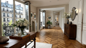 Bright Parisian living room featuring French herringbone wood floors, a rustic console table, and open balcony doors.
