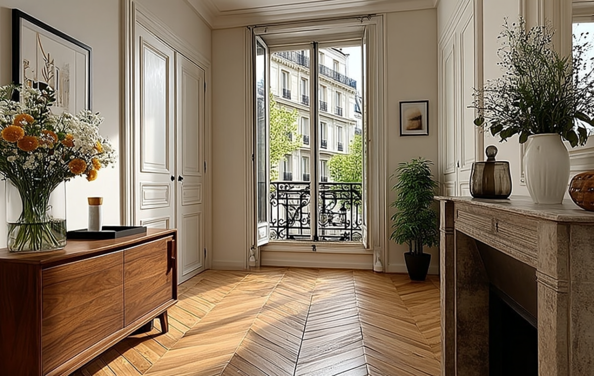 Bright entryway featuring French herringbone wood floors and a view of a Parisian balcony.