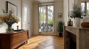Bright entryway featuring French herringbone wood floors and a view of a Parisian balcony.