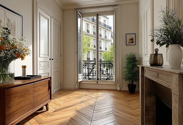 Bright entryway featuring French herringbone wood floors and a view of a Parisian balcony.