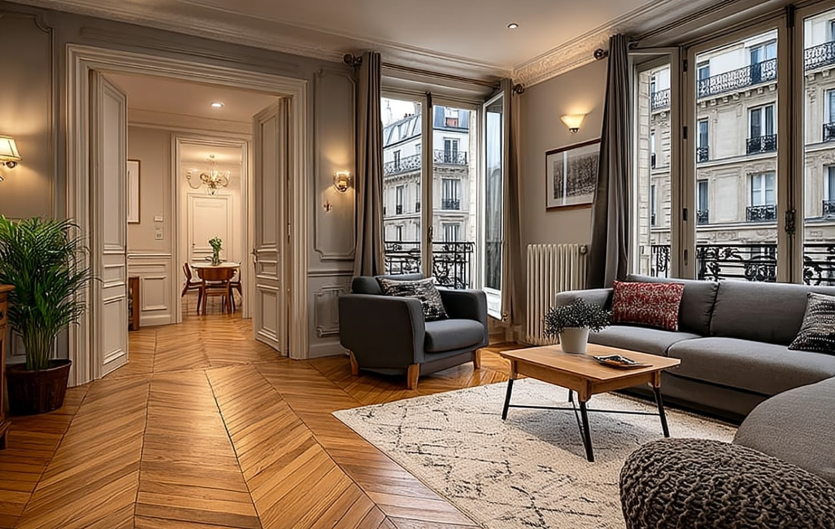 French herringbone wood floors in a Parisian living room with neutral decor
