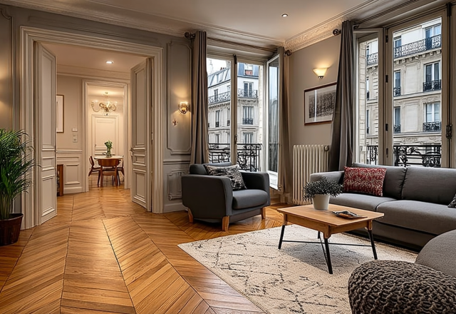 French herringbone wood floors in a Parisian living room with neutral decor