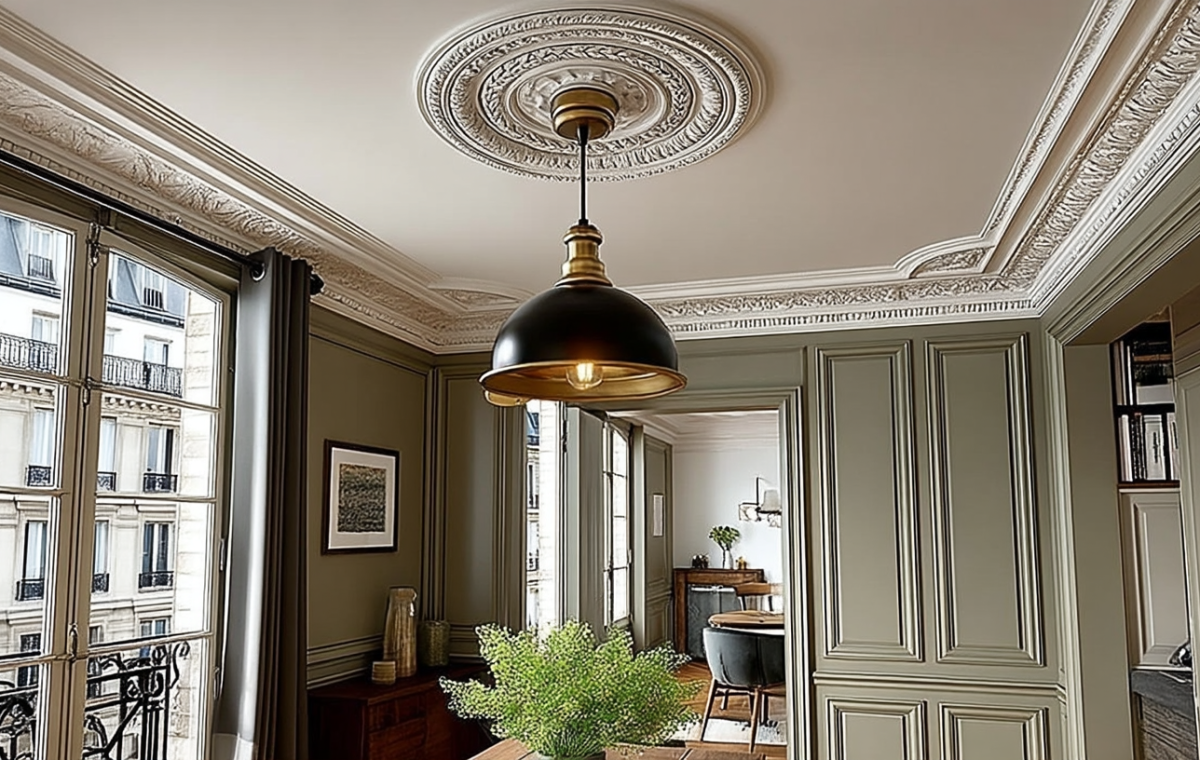 Elegant French molding walls and a ceiling medallion in a Parisian apartment with sage green wainscoting and a brass pendant light.