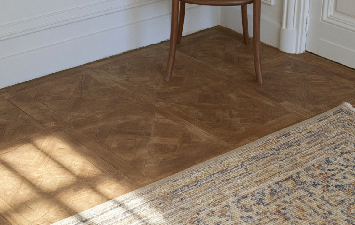 Close up of classic French parquet flooring with a textured rug and sunlight shadows.