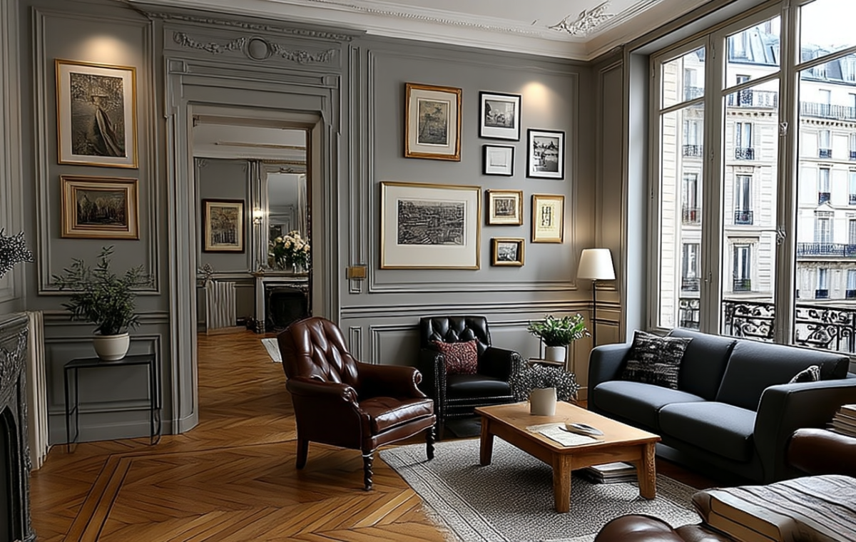 French salon living room decor featuring grey Haussmann walls and chevron hardwood floors.