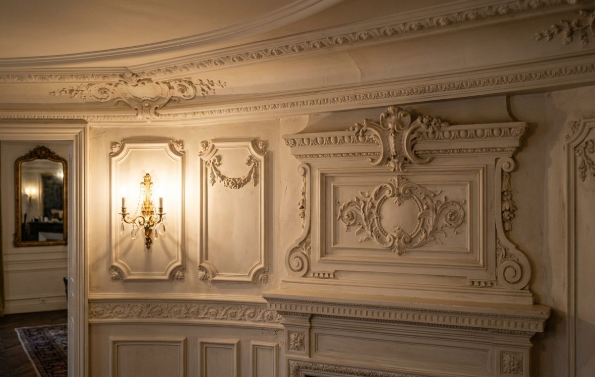 Detailed French wall moldings and boiserie panels in a historic sitting room.