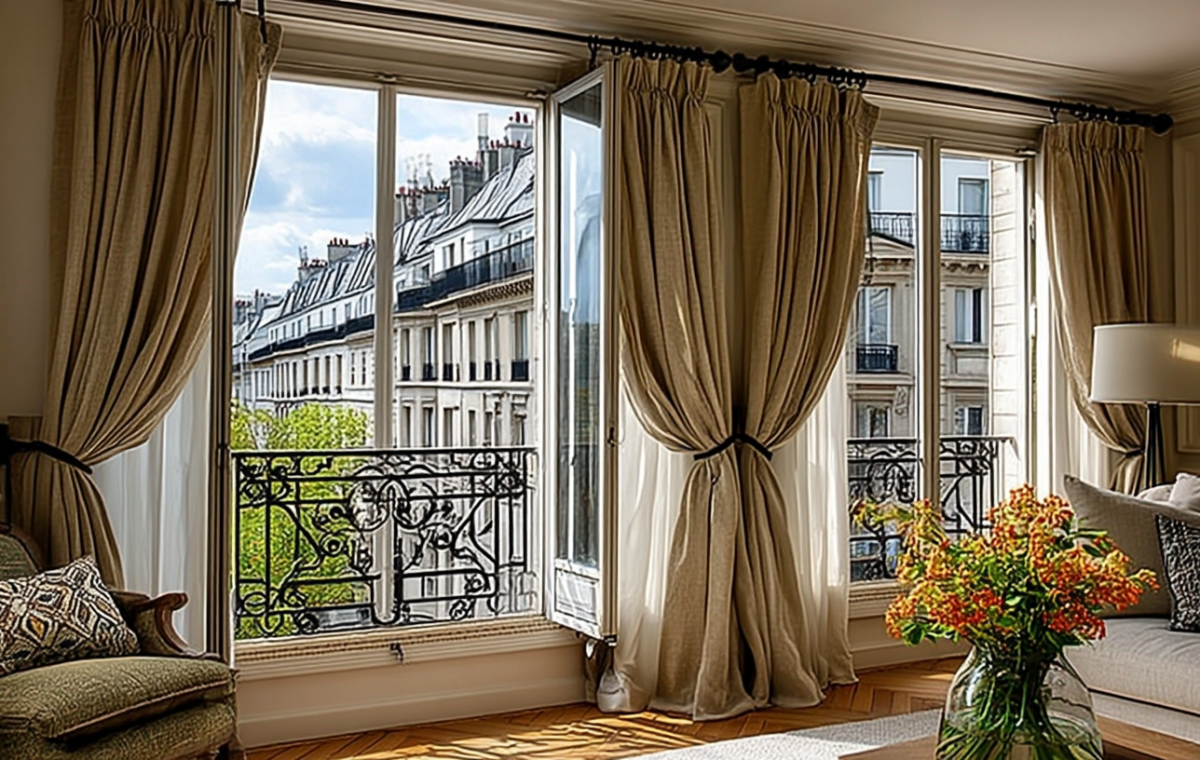 French window drapery framing a Parisian balcony view in a sophisticated living room.