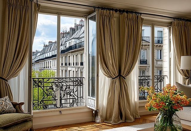 French window drapery framing a Parisian balcony view in a sophisticated living room.