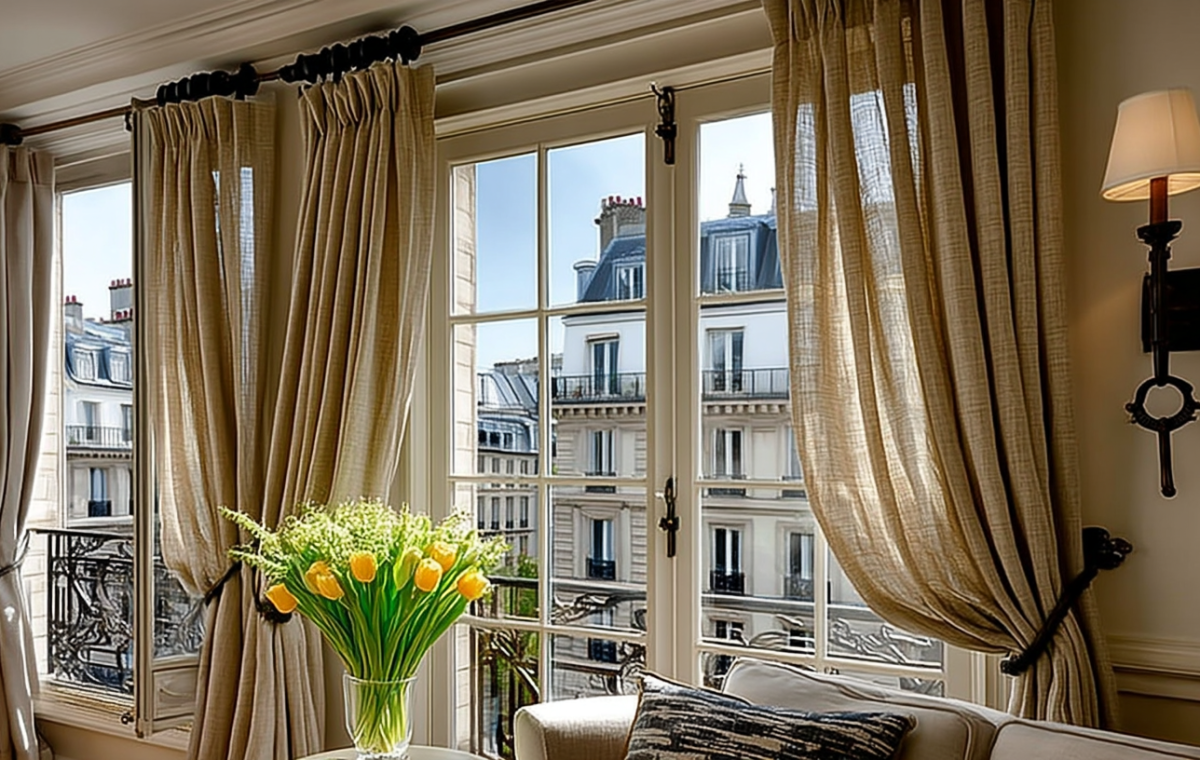 Elegant French window drapery featuring neutral linen curtains and brass hardware in a bright living room.