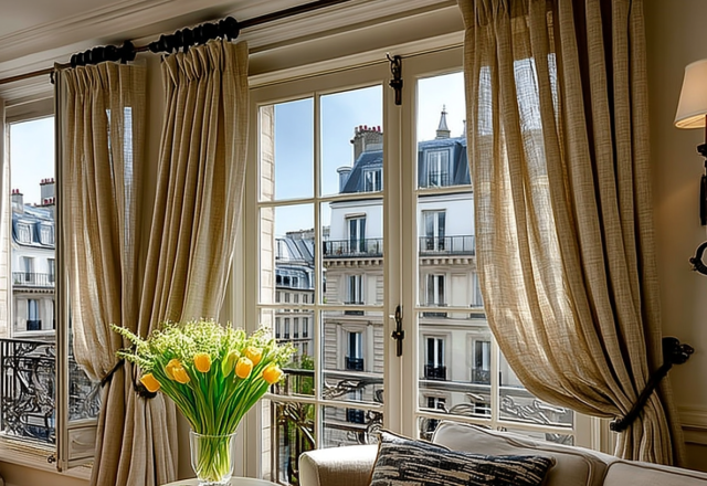 Elegant French window drapery featuring neutral linen curtains and brass hardware in a bright living room.
