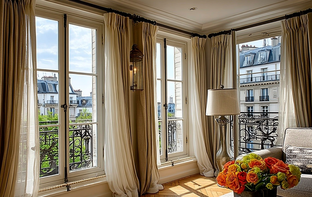 Elegant French window treatments with layered neutral curtains and historic Parisian balcony views.