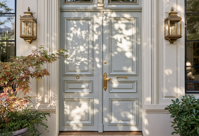 Elegant front door exterior design featuring sage double doors, brass hardware, and flanking lanterns.