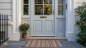 Front door exterior styling featuring a plaid doormat and potted flowers on stone steps.