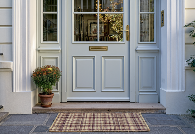Front door exterior styling featuring a plaid doormat and potted flowers on stone steps.