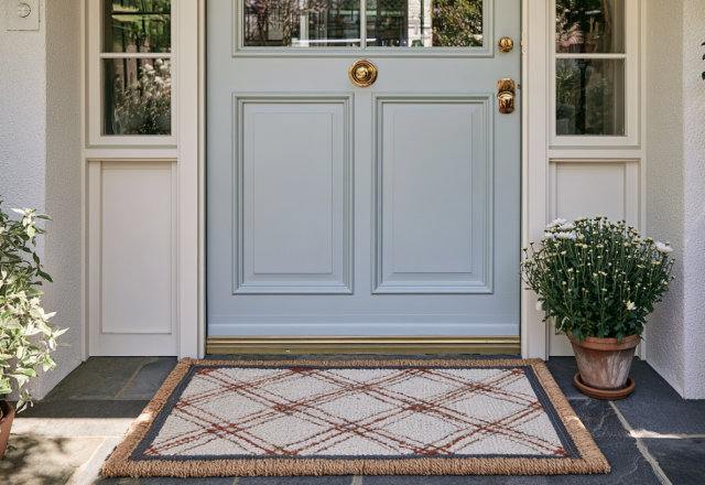A stylish front porch welcome mat with diamond patterns placed in front of a pale blue door.