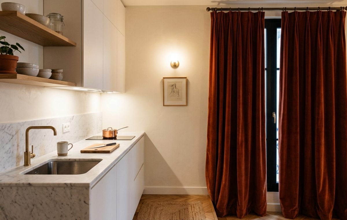 Modern galley kitchen design featuring marble countertops, brass hardware, and dramatic rust velvet curtains.