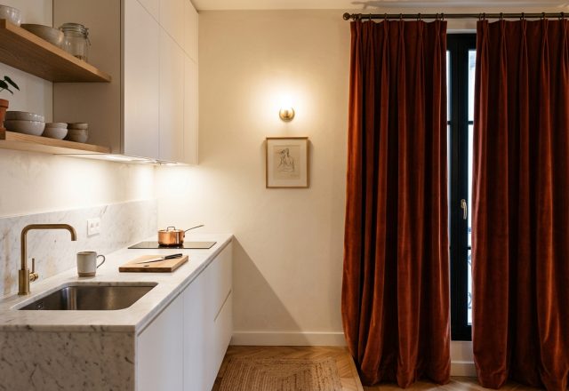 Modern galley kitchen design featuring marble countertops, brass hardware, and dramatic rust velvet curtains.