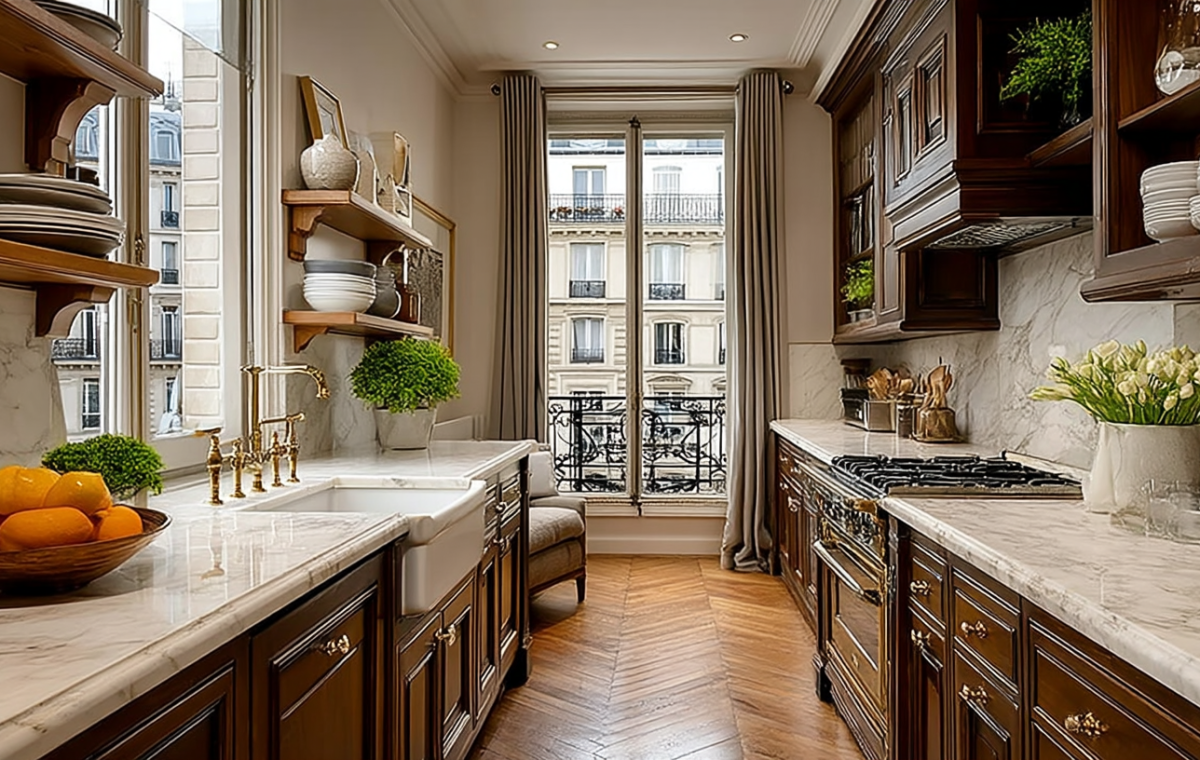 A stylish galley kitchen layout featuring dark cabinets, marble countertops, and herringbone wood floors overlooking tall windows.