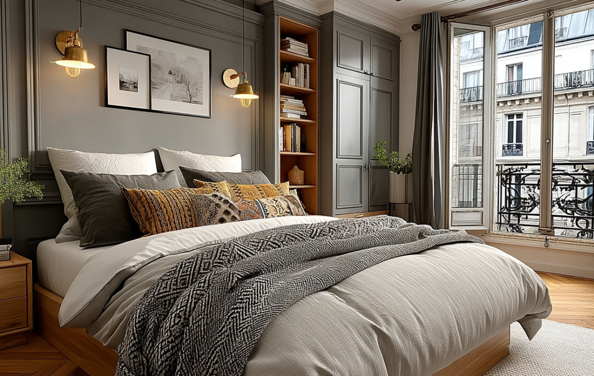 Gray bedroom design featuring dark paneled walls, brass sconces, and built-in wooden storage by a tall balcony window.