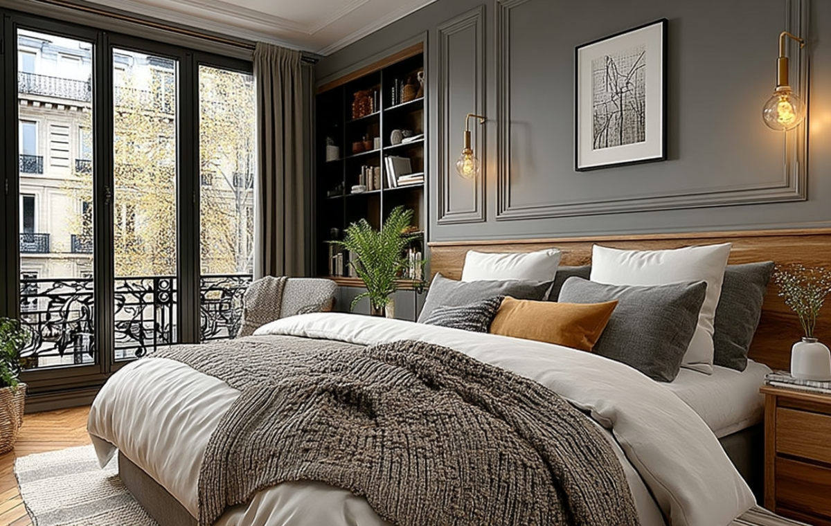 Sophisticated master bedroom with gray bedroom walls, wooden headboard, and brass sconces overlooking a city street.