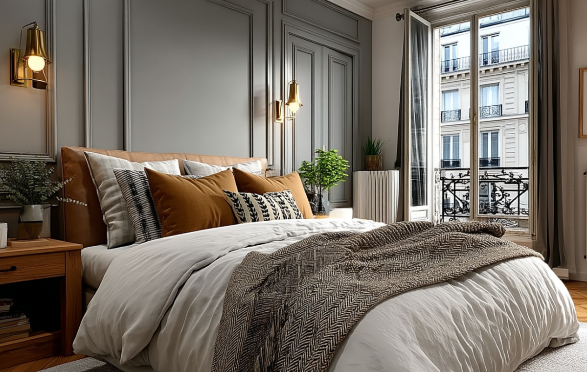 Elegant bedroom interior featuring gray bedroom walls with French molding, a tan leather headboard, and brass sconces.