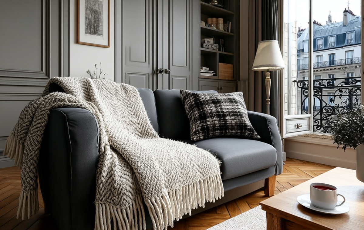 Cozy gray living room featuring a dark couch with a textured herringbone throw blanket and wooden floors.