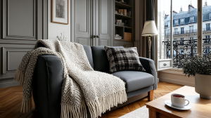 Cozy gray living room featuring a dark couch with a textured herringbone throw blanket and wooden floors.