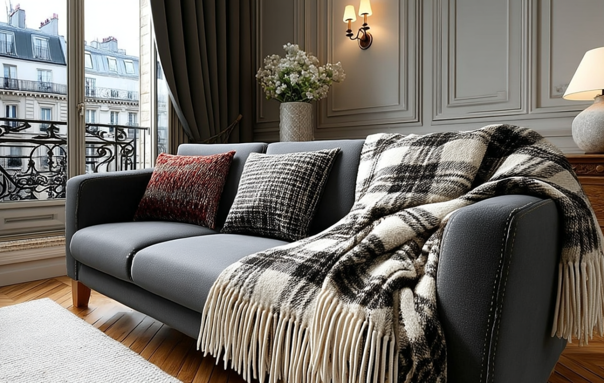Cozy gray sofa living room decor featuring tartan throw blankets and urban window views.