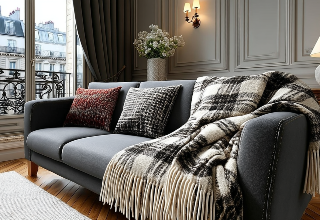 Cozy gray sofa living room decor featuring tartan throw blankets and urban window views.