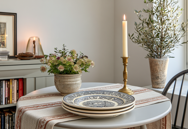 Gustavian dining room table decor featuring stacked blue and white plates and a brass candle holder.