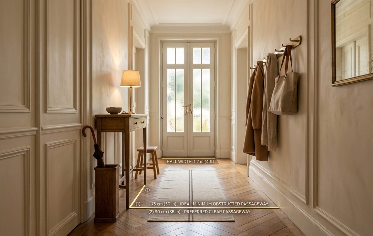 Diagram showing hallway clearance dimensions with clear and minimum passageway widths in an entryway.