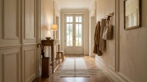Diagram showing hallway clearance dimensions with clear and minimum passageway widths in an entryway.