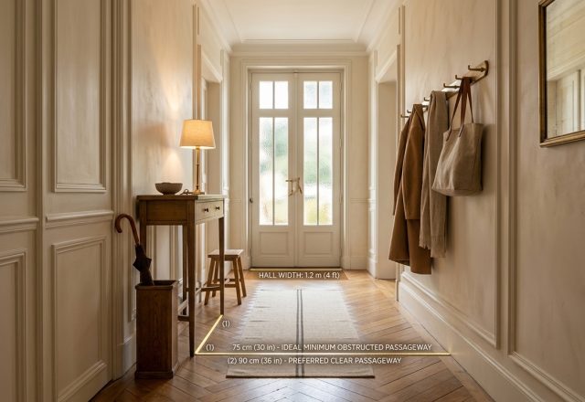 Diagram showing hallway clearance dimensions with clear and minimum passageway widths in an entryway.