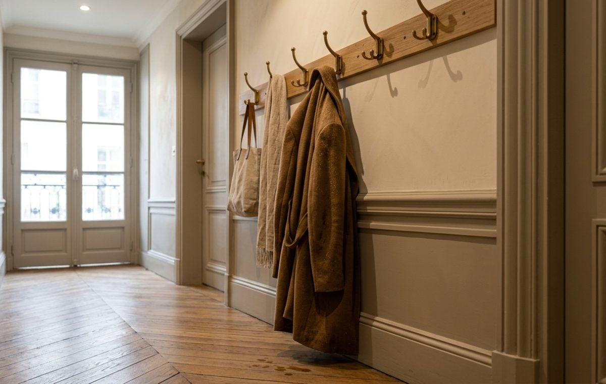 A stylish wooden hallway coat rack with brass hooks mounted on a beige wall in a narrow apartment entryway.