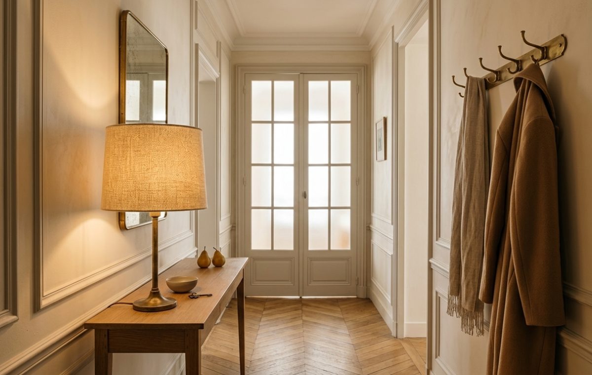 Narrow hallway console styling with chevron parquet wood floor and warm table lamp.