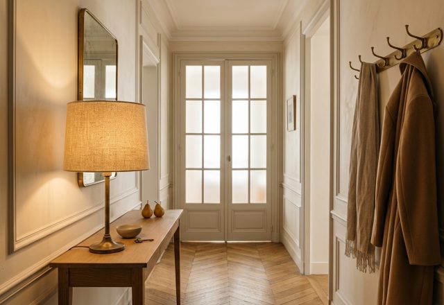 Narrow hallway console styling with chevron parquet wood floor and warm table lamp.