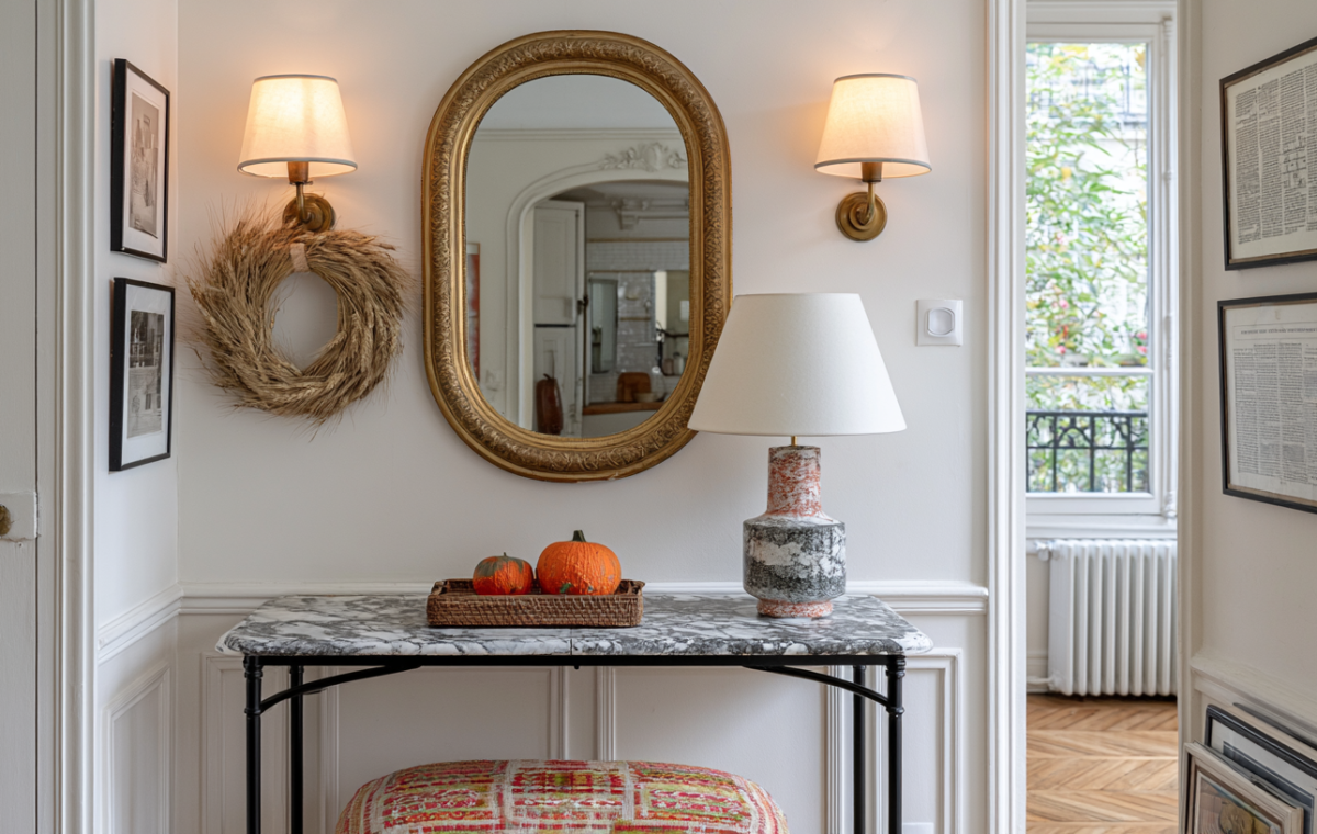 Hallway console table decor featuring a marble top table, gold mirror, and warm wall sconces